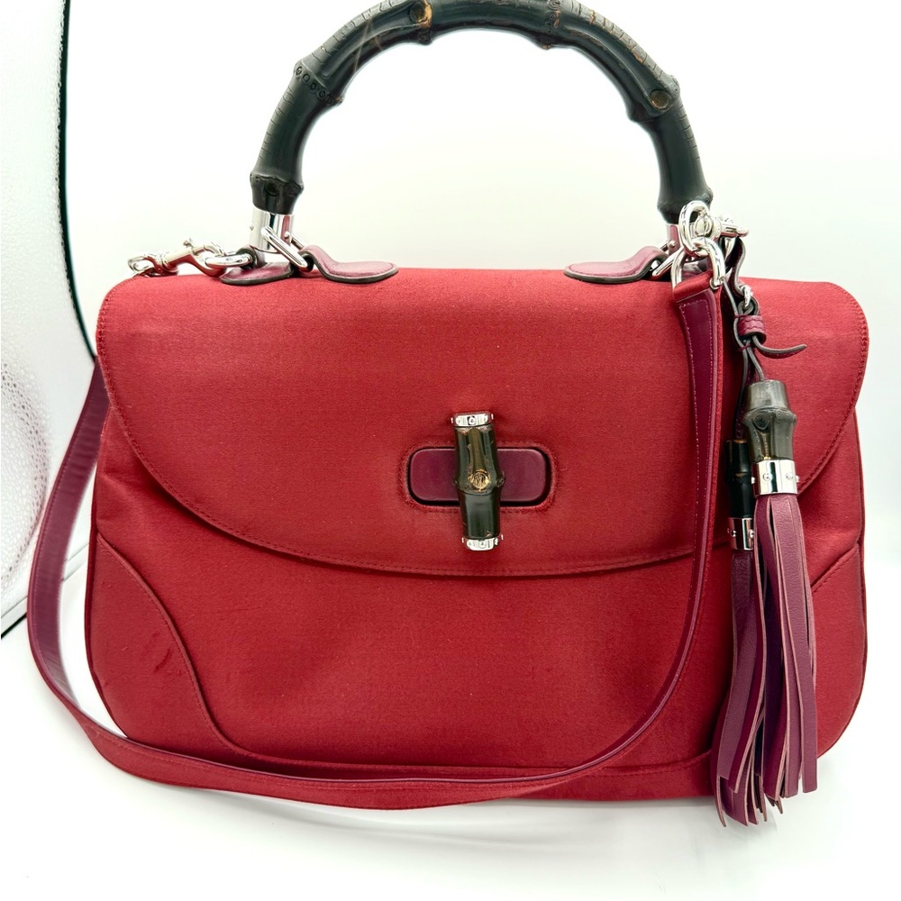 Gucci Red Satin Jumbo Bamboo Top Handle Shoulder Bag